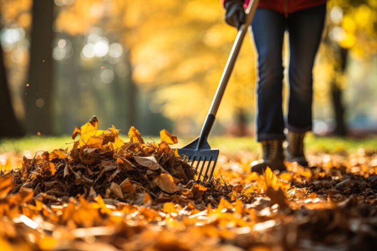 Herbstlaub wird im Garten zusammen gerächt.