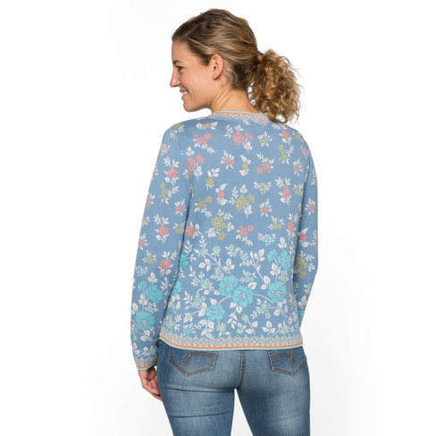 Jacquard-Strickjacke aus Bio-Baumwolle mit Blütenmustern, blau-gemustert