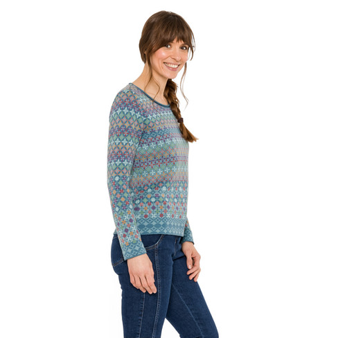 Jacquard-Pullover aus reiner Bio-Baumwolle, taubenblau gemustert