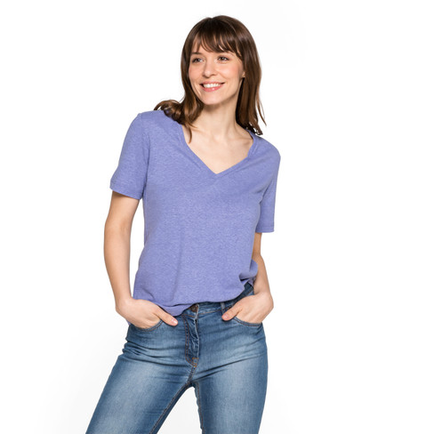 T-Shirt mit V-Ausschnitt aus Hanf und Bio-Baumwolle, taubenblau